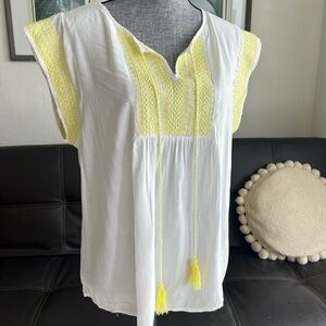 SOLITAIRE WOMENS 100% Rayon Yellow White Blouse L